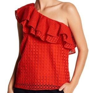 J. Crew‎ Shirt Women 4 Bright Red Eyelet Ruffle One Shoulder Casual Feminine Top